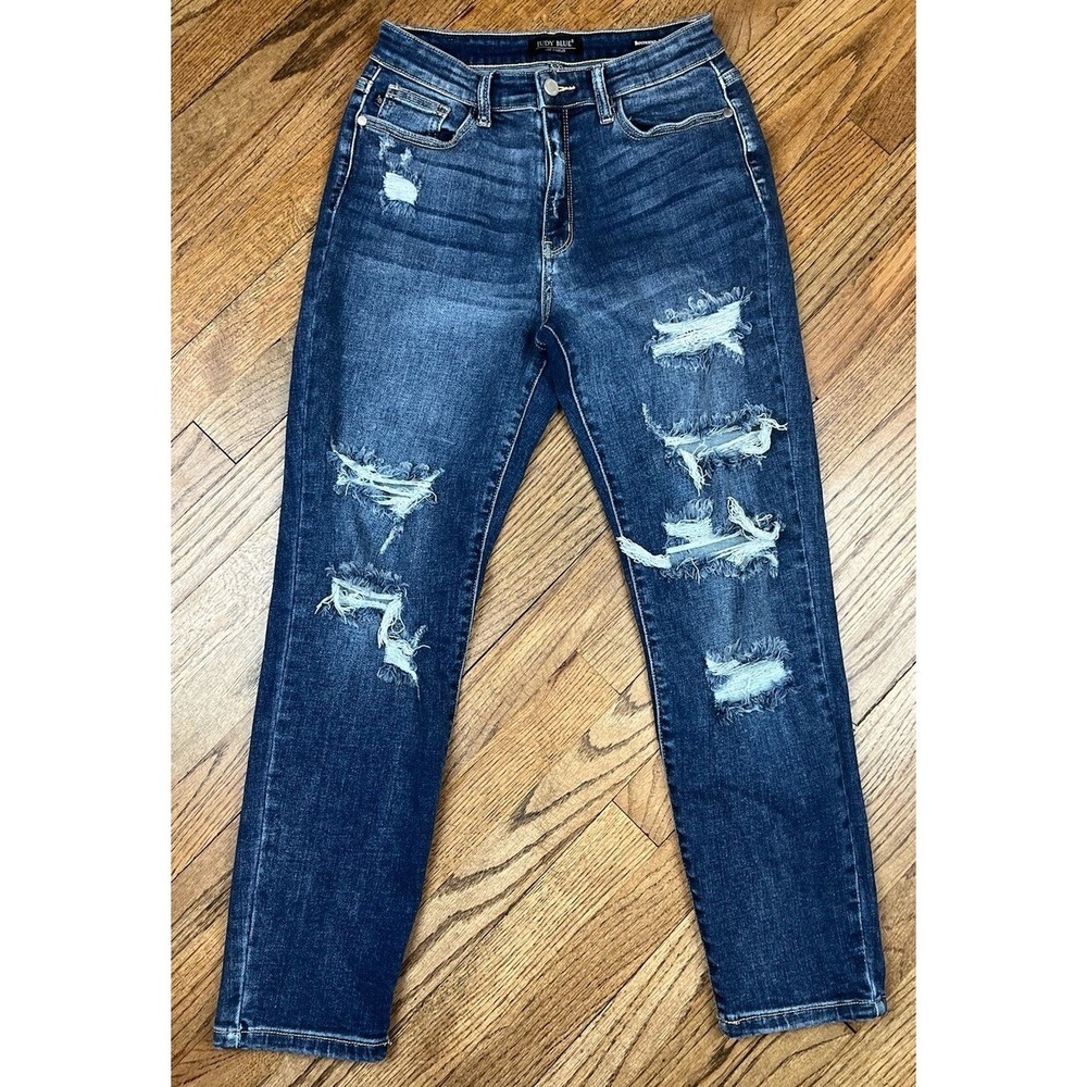 Judy Blue Mid Rise Boyfriend Distressed Denim Jeans Women's‎ Dark Wash Sz 27x28